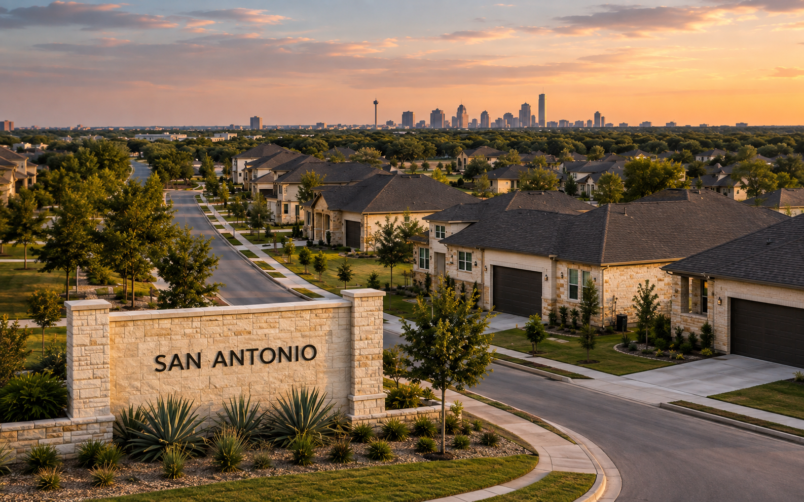 Subdivisión residencial contemporánea con un muro de acceso rotulado San Antonio